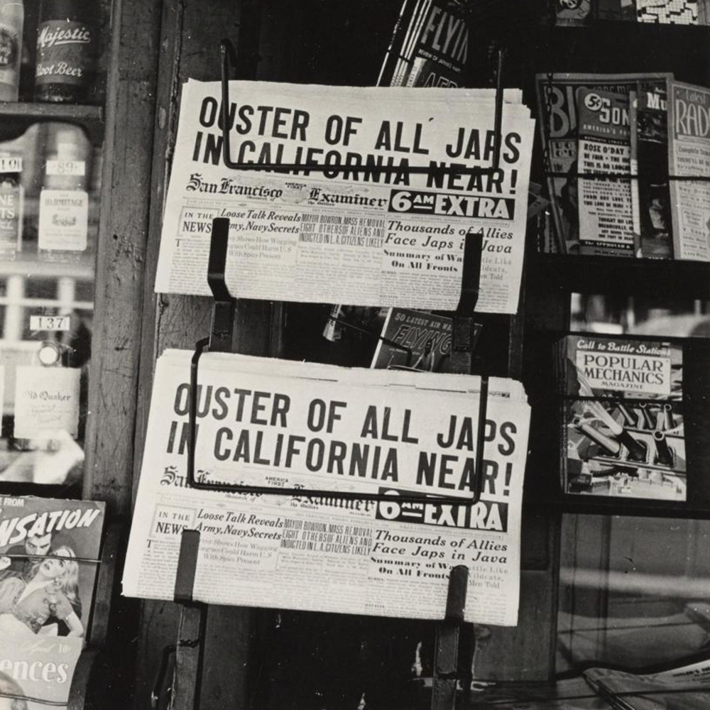 A newspaper headline celebrating the removal of Japanese Americans, Oakland, CA, February 1942
