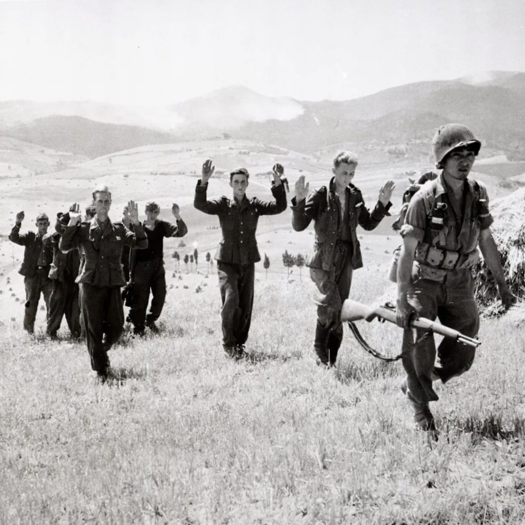 German storm troopers surrender to 100th Infantry Battalion, Oriciano area, Italy, 1944, credit Signal Corps Photo