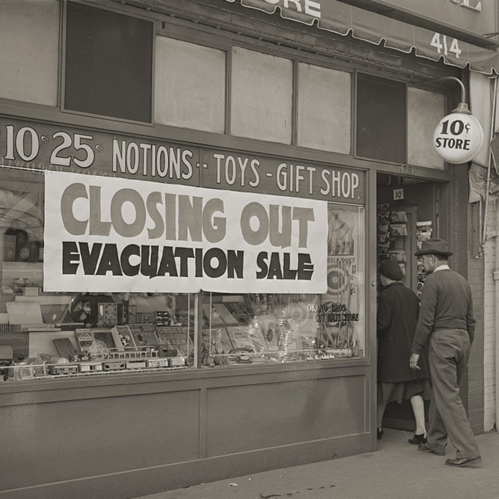 Japanese American evacuees were given only days, sometimes less, to sell their homes, shops, and belongings before being forcibly removed, credit Russell Lee, Library of Congress