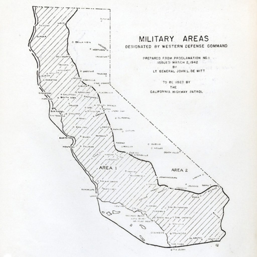 Map of Calfornia indicating boundaries for military areas prepared from Proclamation No. 1