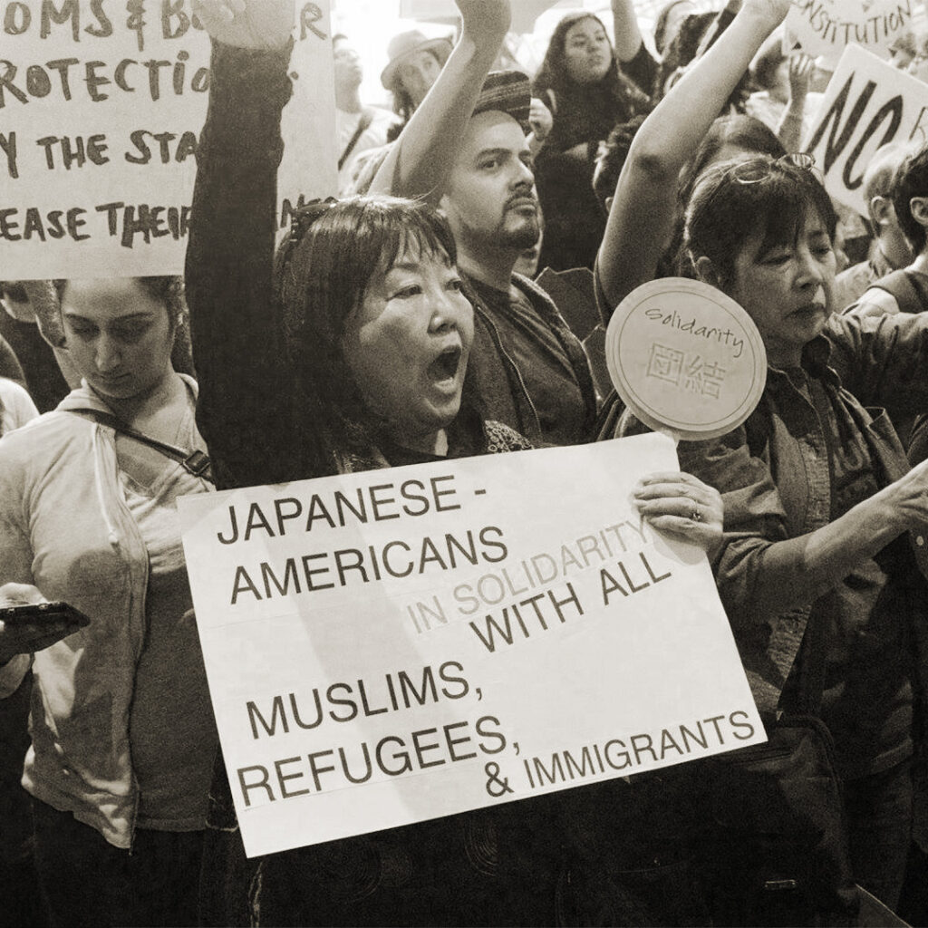 Carrie Morita protesting at LAX, January 30, 2017, credit Daren Mooko
