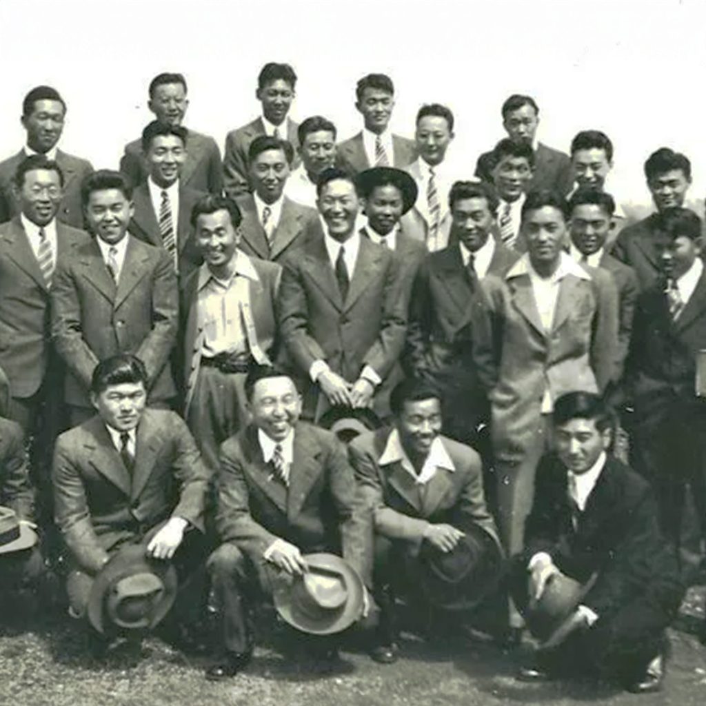 Heart Mountain resisters pose in prison-issued suits on the day of their release from McNeil Island, July 14, 1946, credit Yosh Kuromiya