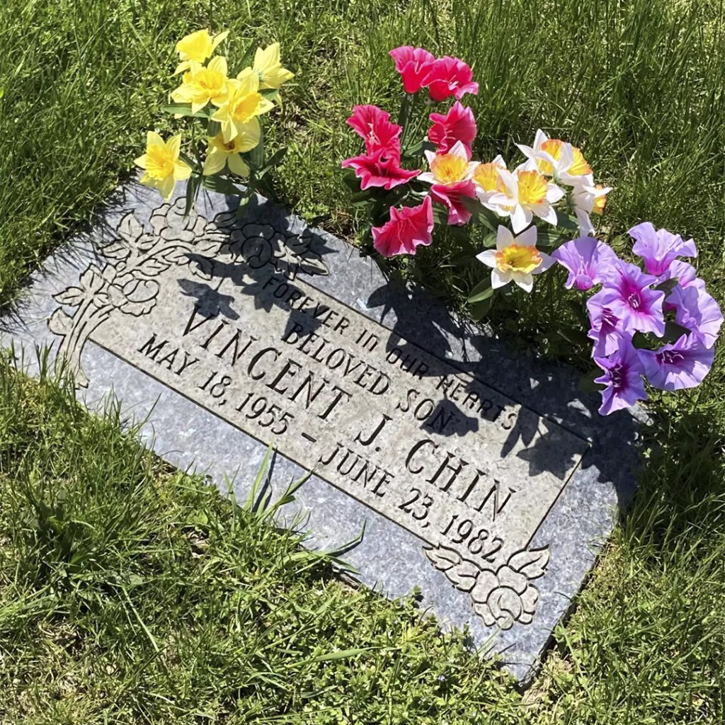 Vincent Chin’s gravestone at Forest Lawn Cemetery in Detroit, credit Corey Williams, Associated Press