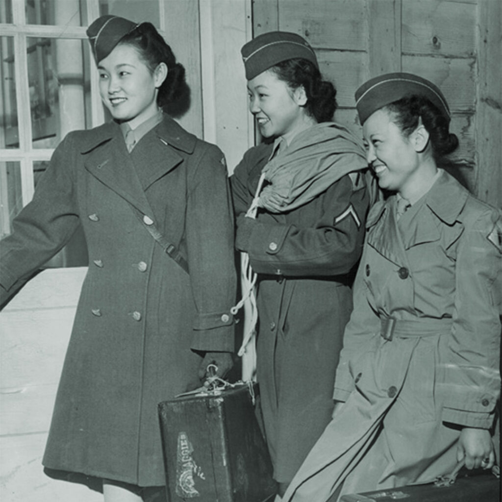 Privates Iris Watanabe, Sue Agata, and Bette Nishimura arriving at the Military Intelligence Service Language School in 1944.