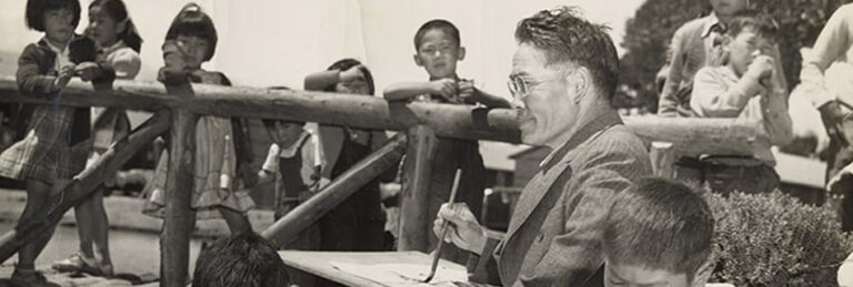 Chiura Obata teaching a childrens art class at Tanforan Art School, 1942