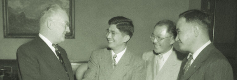 Mike Masaoka shaking hands with Mayor Fletcher Bowron, Los Angeles, 1946, Charles E. Young Research Library, UCLA