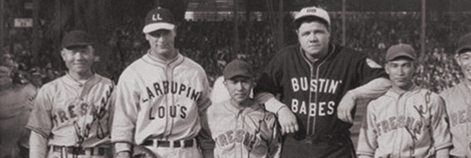 Kenichi “Zeni” Zenimura (third from left) stands with Lou Gehrig and Babe Ruth at Fresno’s Firemen’s Ballpark, October 29, 1927.