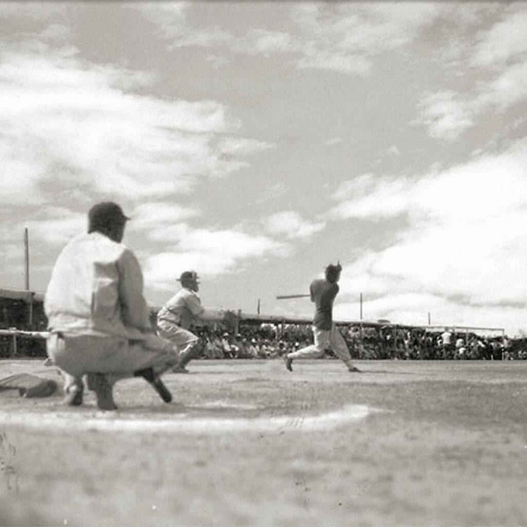 Baseball game at Zenimura Field, Gila River War Relocation Center, Arizona, c. 1943.