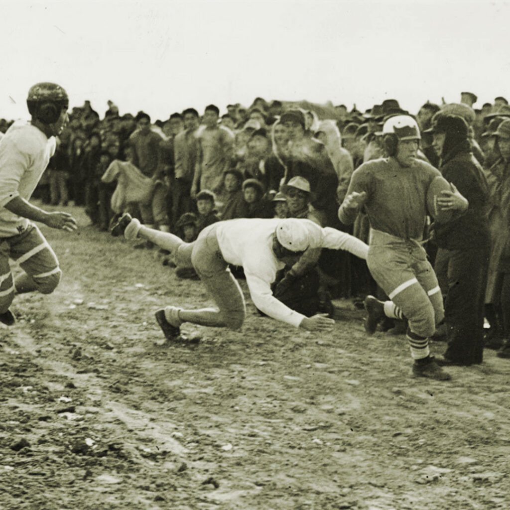 Babe Nomura and Tosh Asano playing intra-camp 1943 Thanksgiving Game at Heart Mountain, credit US National Archives