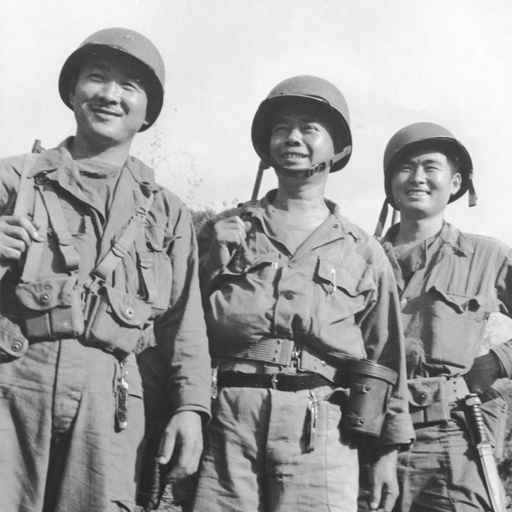 T Sergeant Akiji Yoshimura with Brigadier General Frank Aerrill's Infantry troops, 1944