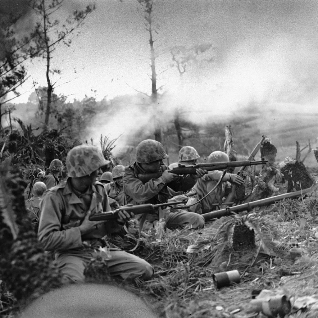 Soldiers controlling Wana Ridge in Naha during the Battle of Okinawa, 1945, credit National Archives