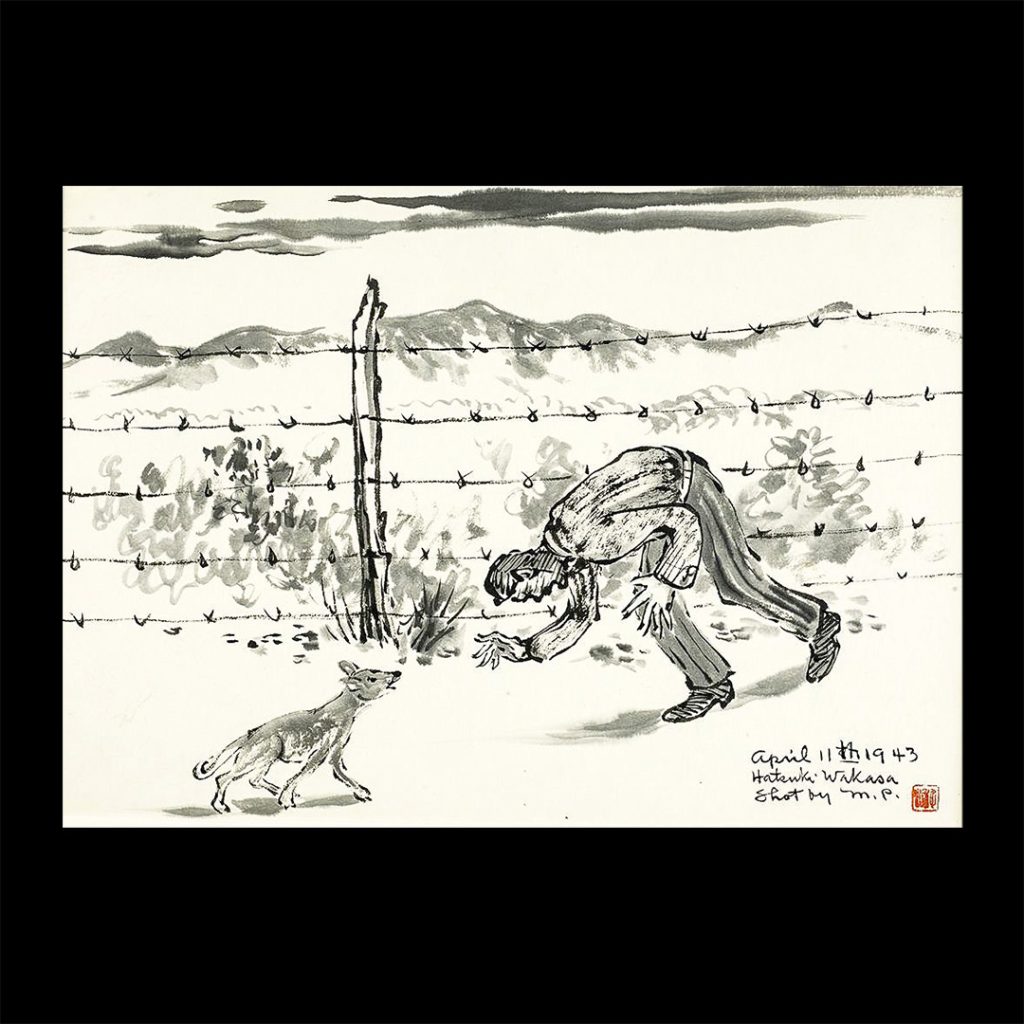 “April 11, 1943. James Hatsuaki Wakasa Shot by M.P.” by Chiura Obata, credit Smithsonian