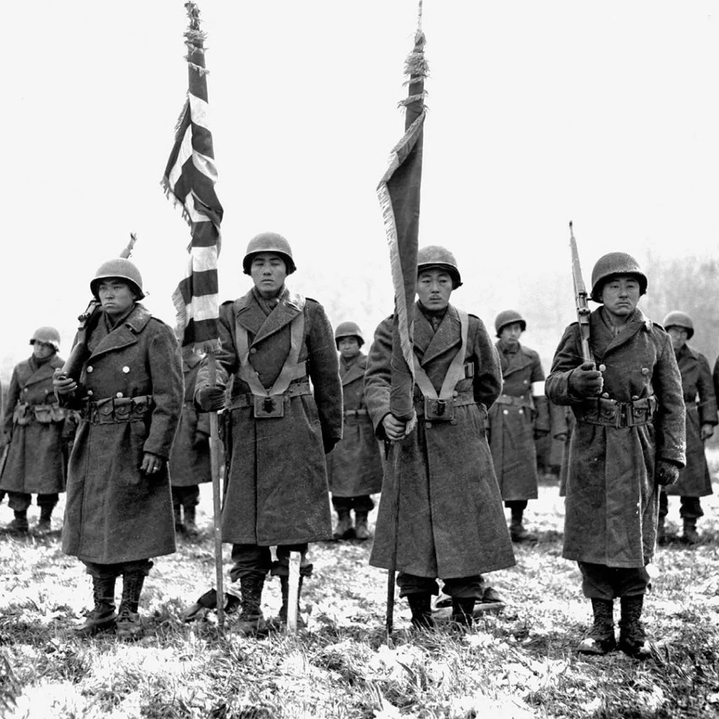 Color Guard of the 442nd RCT following the rescue of the Lost Battalion, credit U.S. Signal Corps