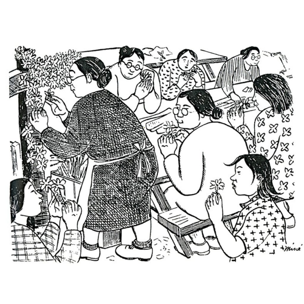 “The women of each block made enormous floral wreaths with paper flowers” by Miné Okubo