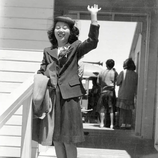 Mitsuye Endo leaving Topaz, Utah, in 1945, credit Utah State Historical Society
