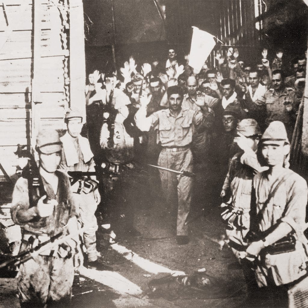 American and Filipino troops surrendering to the Japanese