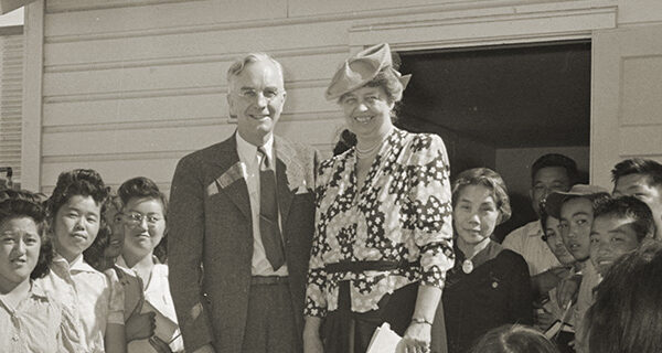 Eleanor Roosevelt, accompanied by Dillon Myer, National Director of the War Relocation Authority, visit the Gila River Relocation Center, April 23, 1943