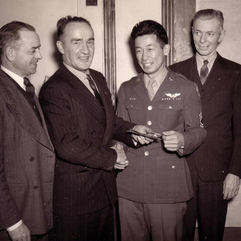 Ben Kuroki being welcomed into the Veteran of Foreign Wars in Omaha, Nebraska, 1944, credit WRA