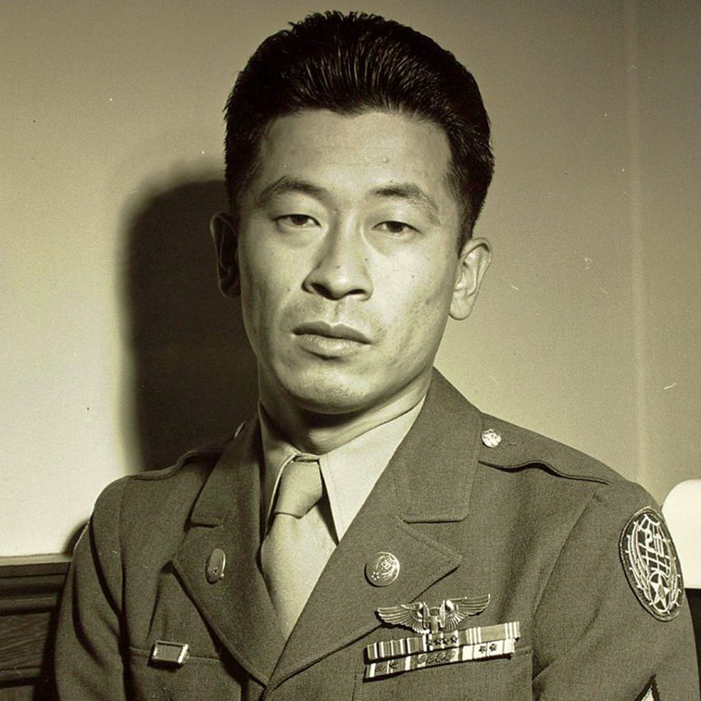 Technical Sergeant Ben Kuroki wearing Distinguished Flying Cross (x3), Air Medal with oak leaf clusters (x5), and service medals for WWII service