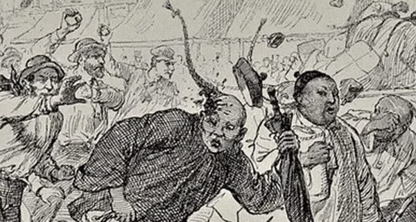 Hoodlums pelting Chinese immigrants on their arrival at San Francisco, c1870s