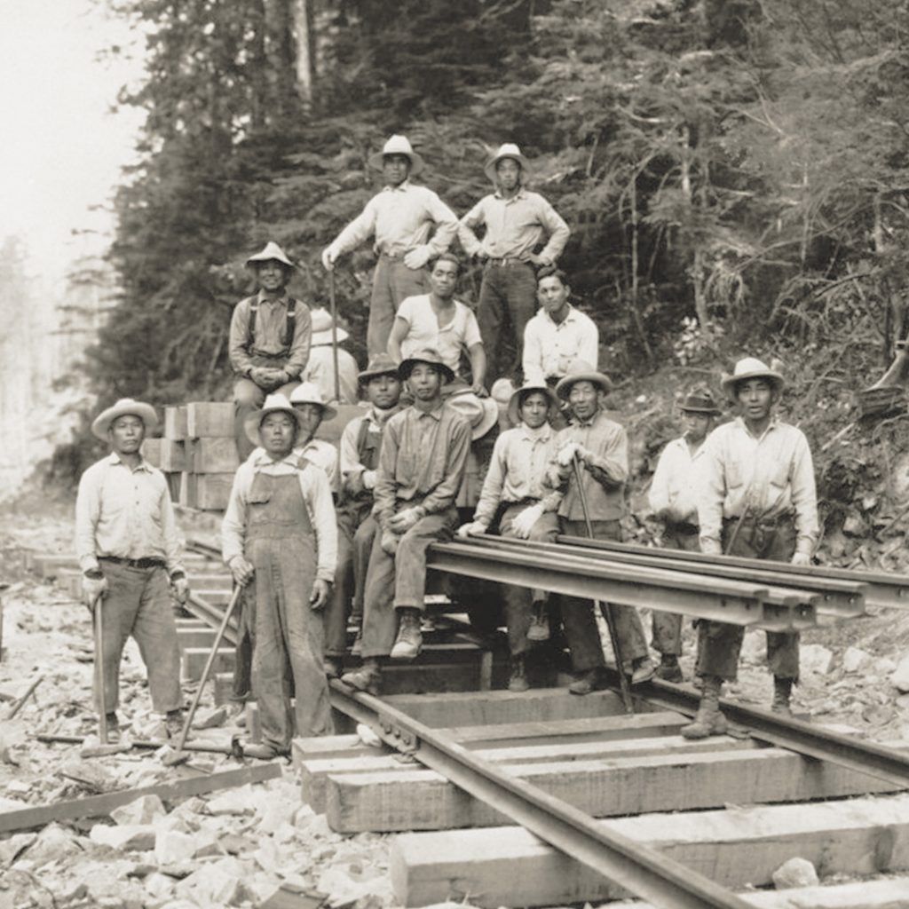 Japanese American railroad workers on the Snoqualmie Falls Lumber Company line in Washington State, credit University of Washington