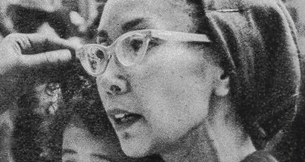 Yuri Kochiyama with her trademark cat eye glasses at a New York City protest