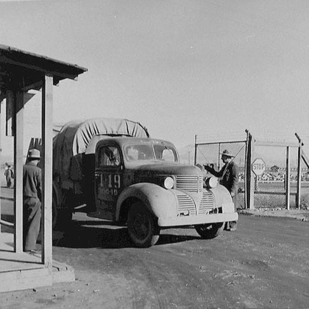 A truck at a security checkpoint, Tule Lake War Relocation Center, credit Densho