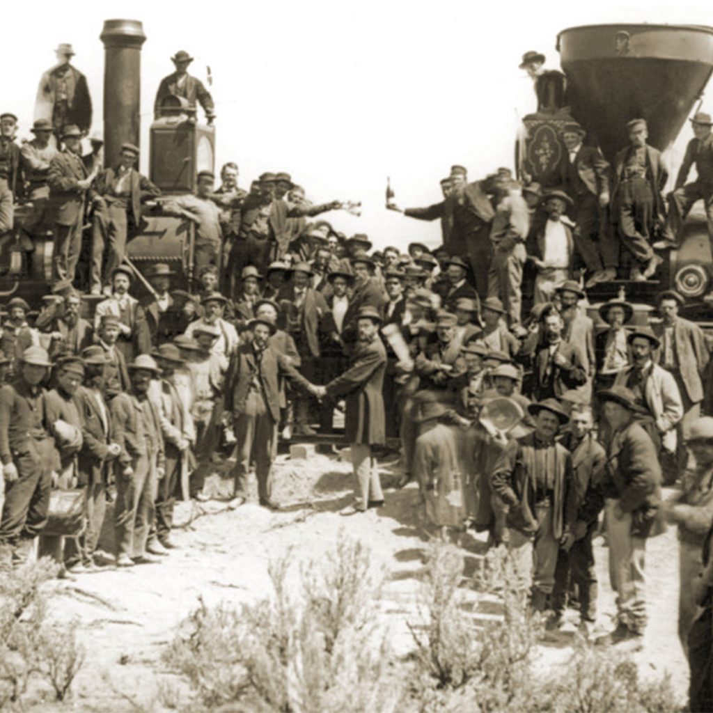 The famous photograph of the completion of the first Transcontinental Railroad, but not a single Chinese worker in it, May 10, 1869. Photography by Andrew J. Russell