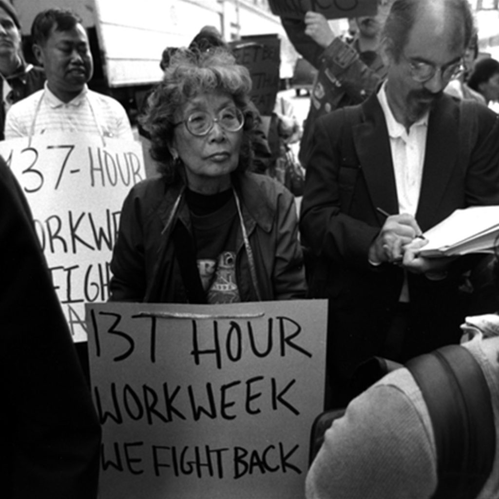 Yuri Kochiyama at a labor protest by the National Mobilization Against Sweatshops, New York, late 1990s