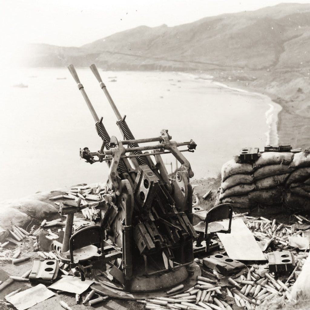 A twin-mounted 13.2mm anti-aircraft gun as it appeared to the US troops when they took the island, Kiska Island, credit NARA