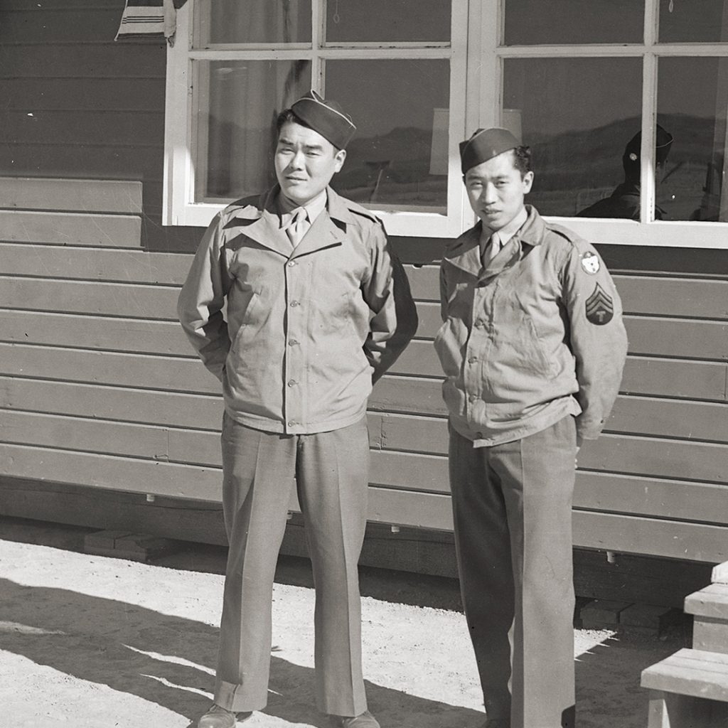 Ben Moriwaki and Fred Tanakatsubo, two member of the MIS who saw action in Attu, on furloughs, Topaz, Utah