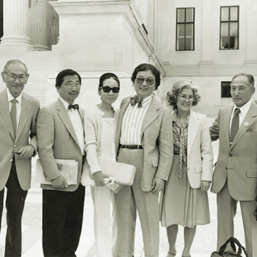 Fred Korematsu, Gordon Hirabayashi, Michi Weglyn, William Hohri, Aiko Herzig-Yoshinaga, and Harry Ueno — outside the Supreme Court, April 20, 1987. Photo by Jack Herzig