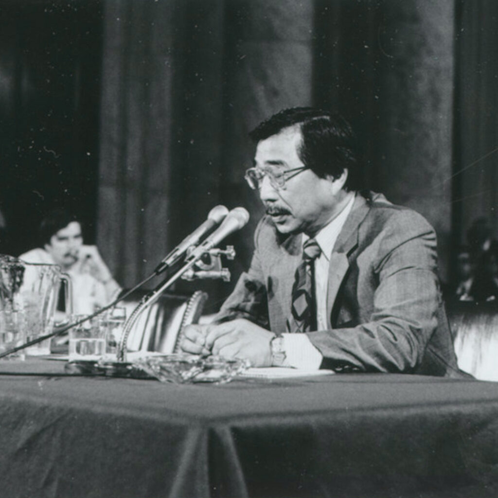Gordon Hirabayashi, who defied the curfew order during WWII and later had his conviction overturned, testifies at the 1981 CWRIC Hearings in Washington, D.C. Photo: Densho / NCRR Archives