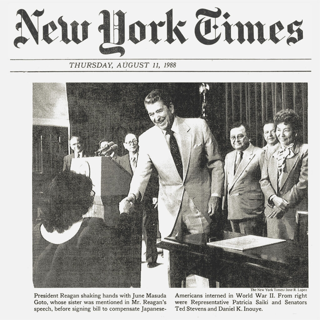 New York Times article August 11, 1988 with June Masuda Goto and President Reagan