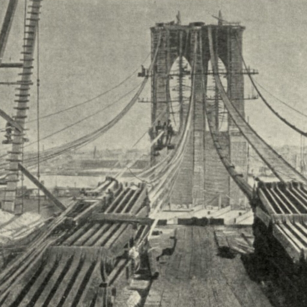 The Brooklyn Bridge under construction in 1878.