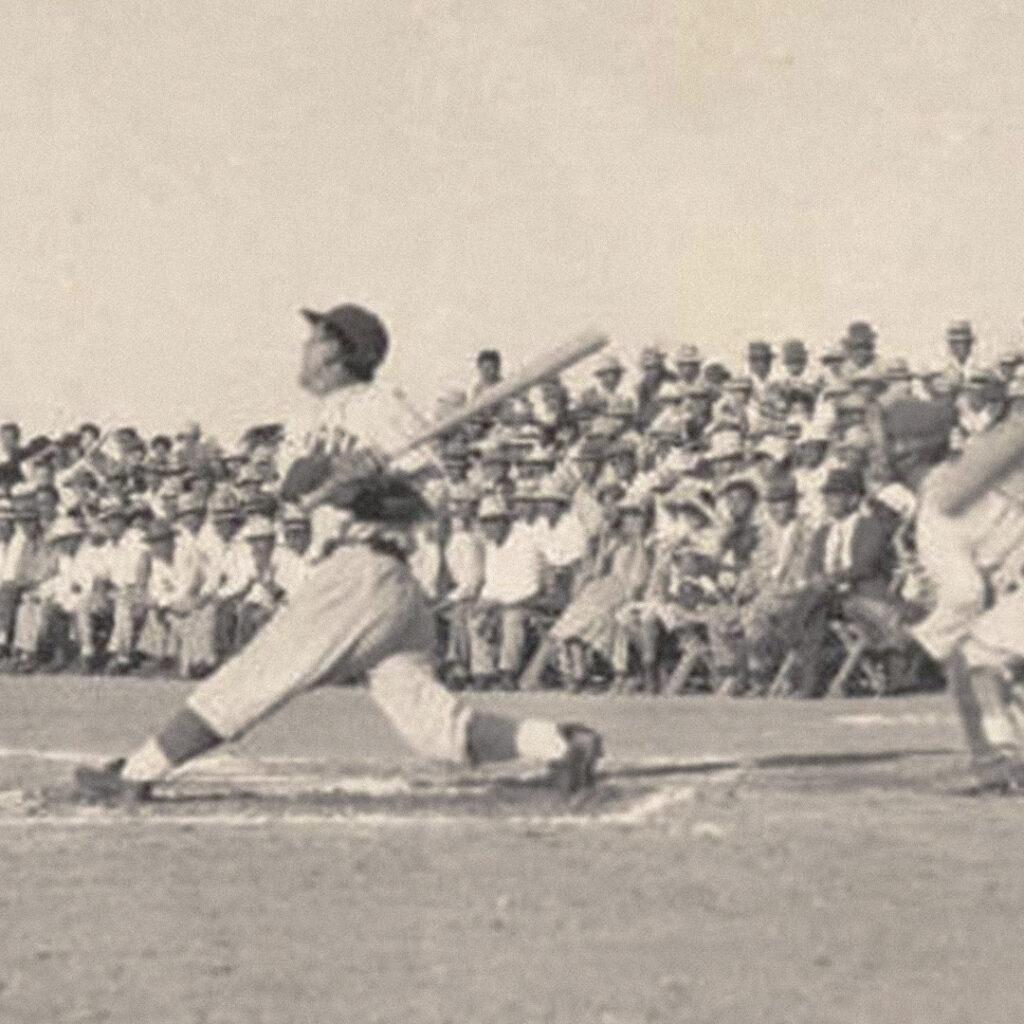 Mori Shimada at bat. Kenichi Zenimura behind the plate. September 1944. Photo courtesy of Mori Shimada.
