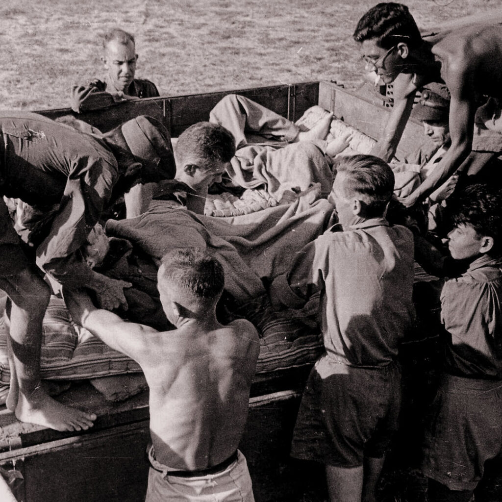 Allied prisoners of war being rescued from the Oeyama Nickel Mine following Japan’s surrender, 1945.