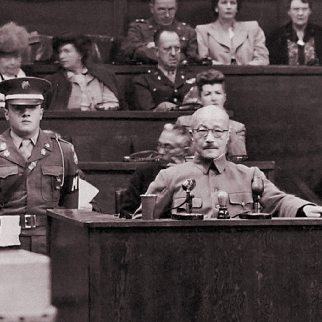 Hideki Tojo at the Tokyo War Crimes Tribunal, 1946.