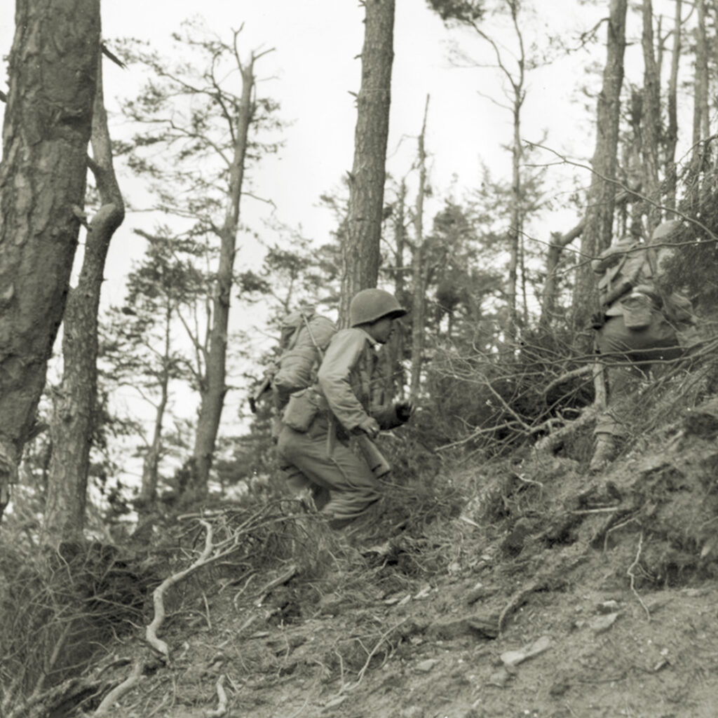 The men of the 442nd RCT climbing steep, wooded hills in the Vosges, October 24, 1944.