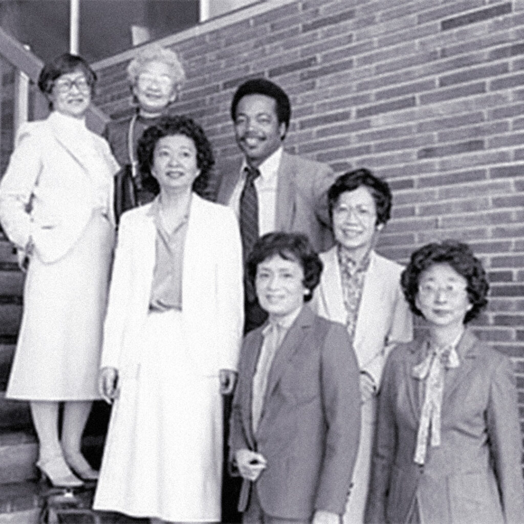 Cherry Kinoshita (front row, second from right) with former Seattle School District clerks in 1984.