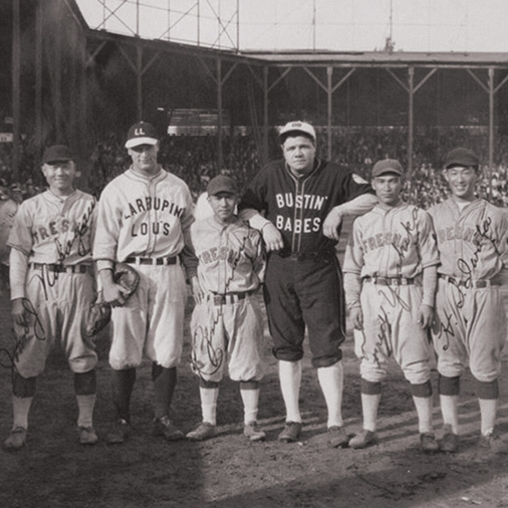 (From L to R): Johnny Nakagawa, Lou Gehrig, Kenichi Zenimura, Babe Ruth, Fred Yoshikawa, and Harvey Iwata after an exhibition game at Fresno's Firemen's Ballpark, October 29, 1927. Photo by Frank Kamiyama.