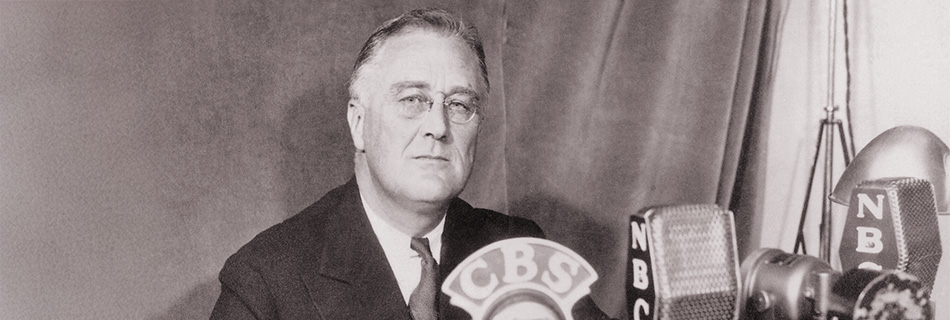 President Franklin D. Roosevelt delivering a radio broadcast from Washington known as his “fireside chats.”