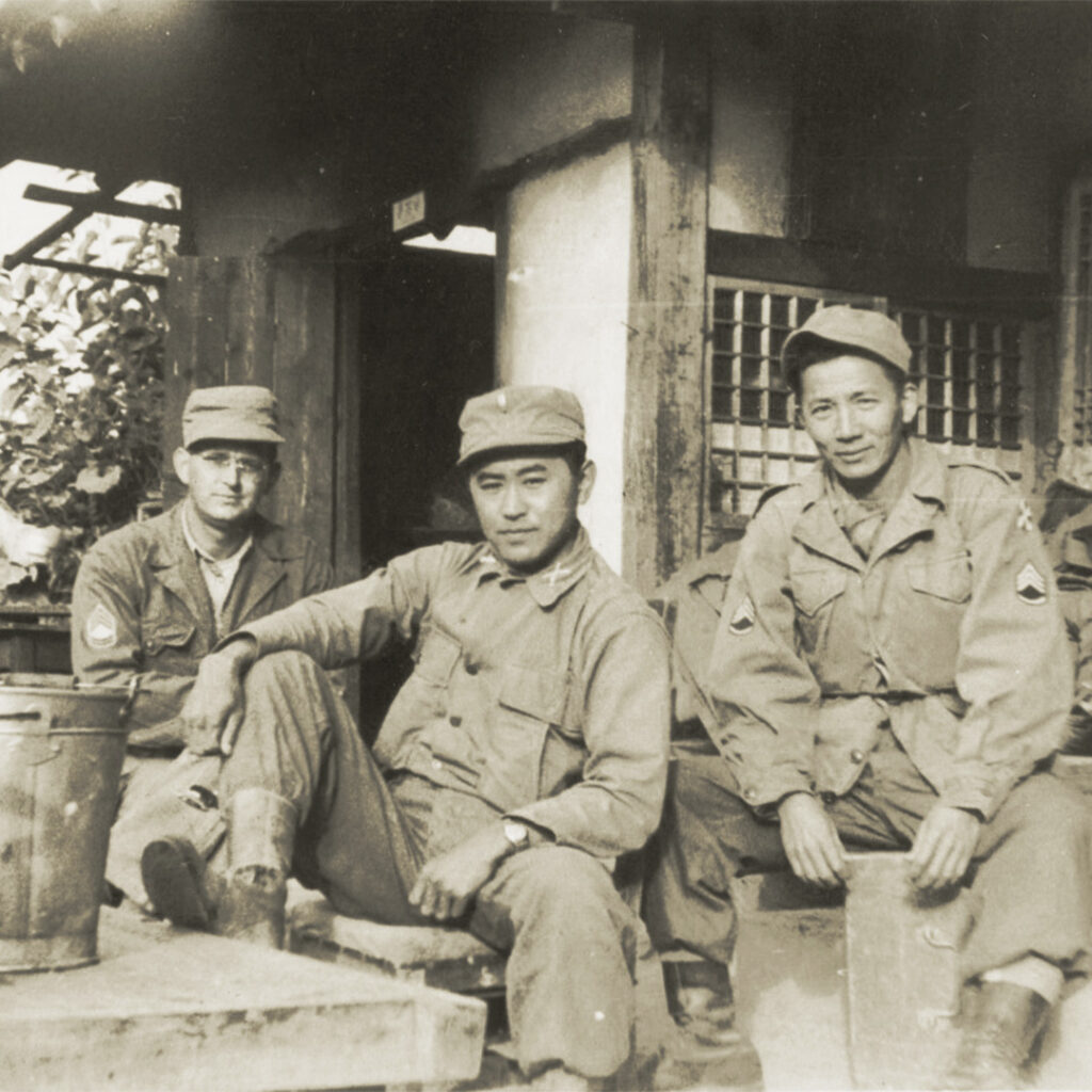 Claude Mimaki (center) with Sgt. Hayes and Sgt. Uyeda near Kochang, Korea, 1950.