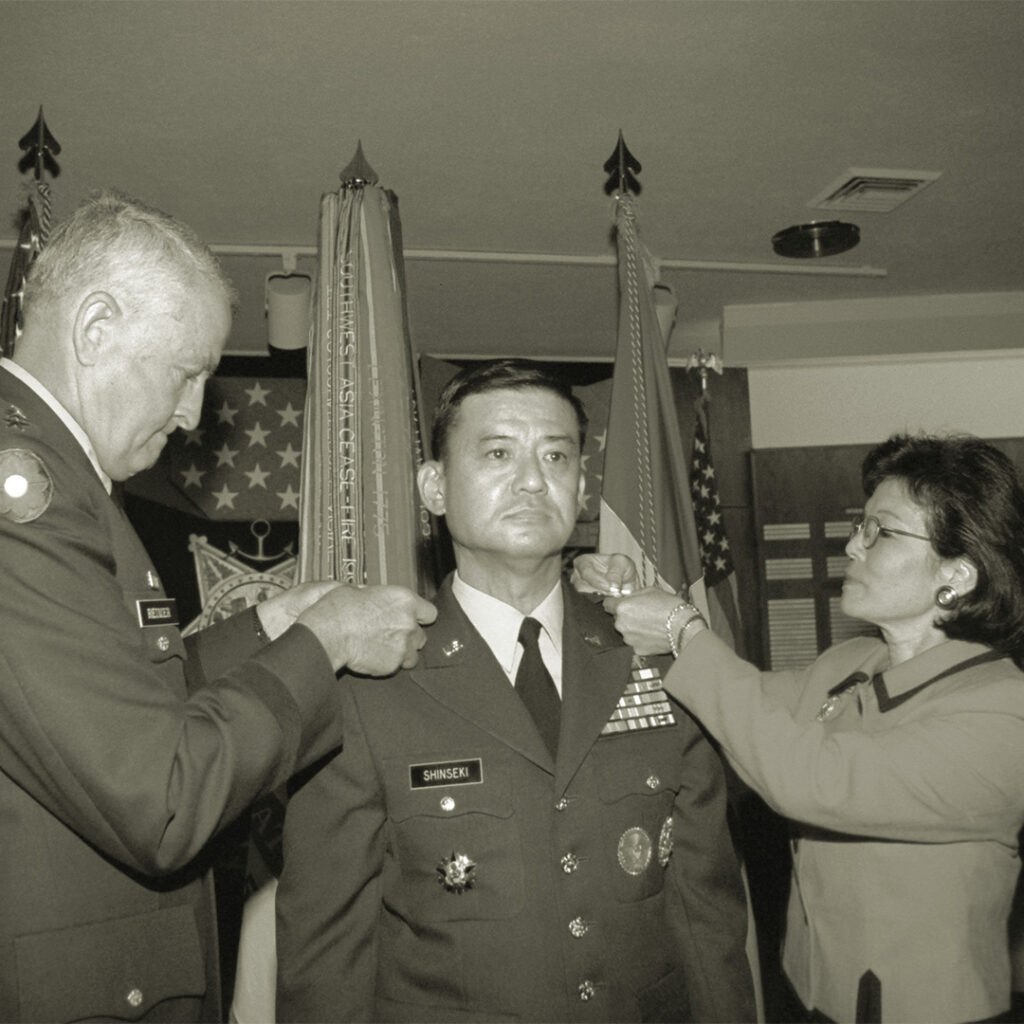 Eric Shinseki getting pinned with the rank of general by Army chief of staff Dennis Reimer and his wife Patty in July 1997, photo by Jerome Howard