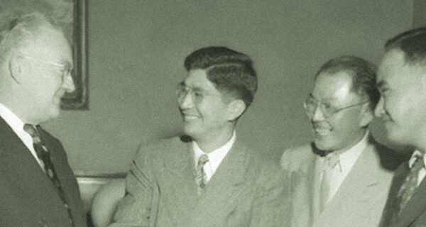 Mike Masaoka shaking hands with Mayor Fletcher Bowron, Los Angeles, 1946, Charles E. Young Research Library, UCLA