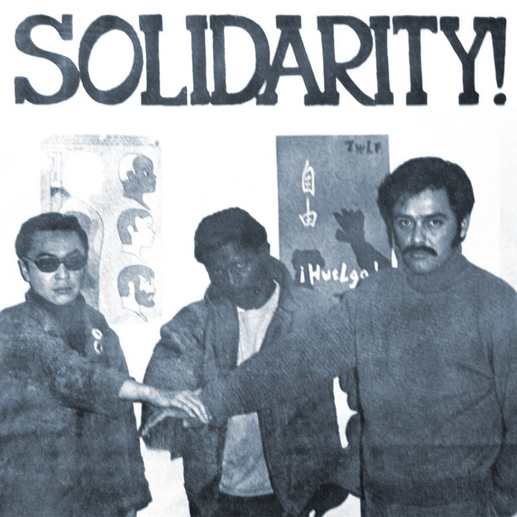 Richard Aoki with Charles Brown and Manuel Delgado during the Third World Liberation Front strikes at UC Berkeley, c. 1968.