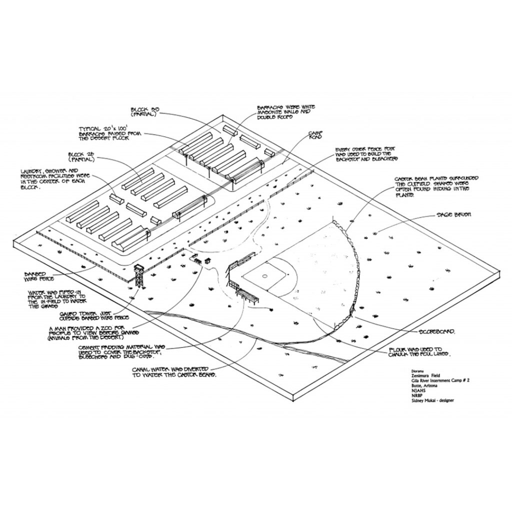 Architectural drawing of Zenimura Field at the Gila River War Relocation Center, created by designer Sidney Mukai for the National Park Service.