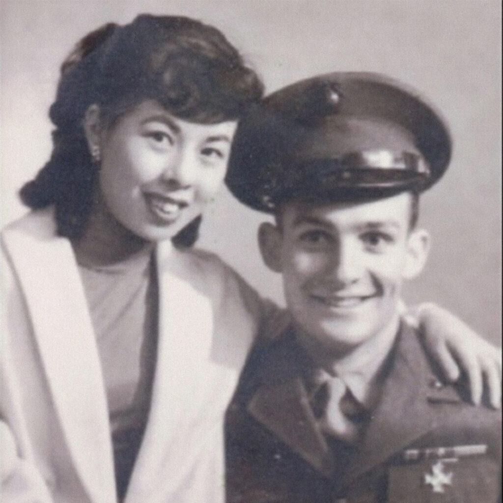 Hiroko Yamamoto and Don Roberts, August 17, 1954, the day of their wedding in Kobe, credit Roberts family