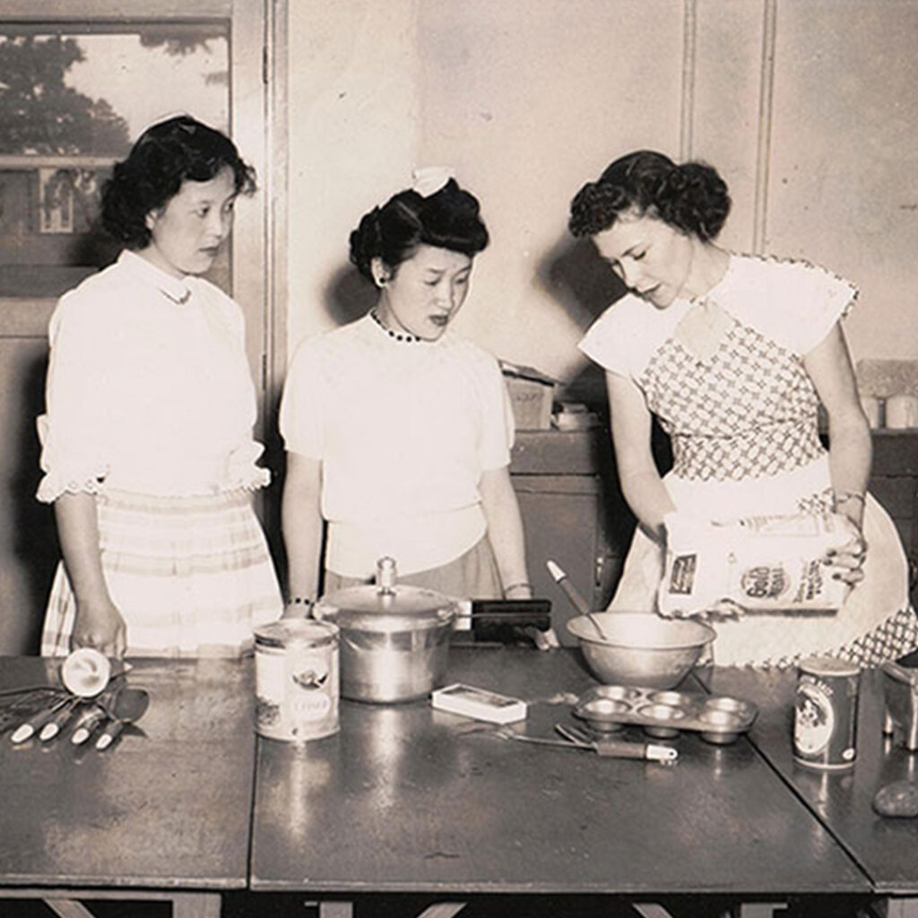 Kimie Tanaka Smith middle attending a bride school class, Tokyo 1952, credit Robert Owen Smith family