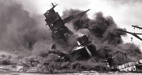 The USS Arizona burning after the Japanese attack on Pearl Harbor. December 7, 1941